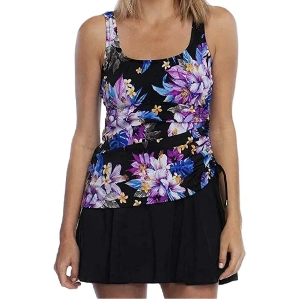 Skirted Swimsuit Rose‎ Marie Reid Modest Tropical Floral Shirred Dress